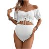 imageOYOANGLE Womens Maternity 2 Pieces High Waist Off Shoulder Ruffle Hem Bikini Set Swimsuit Pregnancy SwimwearWhite