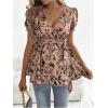 imageOYOANGLE Womens Maternity Blouse Printed V Neck Puff Short Sleeve Ruffle Hem Knot Side Wrap Shirt TopBrown and Black