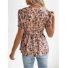 imageOYOANGLE Womens Maternity Blouse Printed V Neck Puff Short Sleeve Ruffle Hem Knot Side Wrap Shirt TopBrown and Black