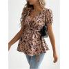 imageOYOANGLE Womens Maternity Blouse Printed V Neck Puff Short Sleeve Ruffle Hem Knot Side Wrap Shirt TopBrown and Black