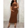 imageOYOANGLE Womens Maternity Drawstring Front Cami Dress Ribbed Knit Bodycon Midi DressesBrown