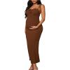 imageOYOANGLE Womens Maternity Drawstring Front Cami Dress Ribbed Knit Bodycon Midi DressesBrown