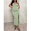 imageOYOANGLE Womens Maternity Drawstring Front Cami Dress Ribbed Knit Bodycon Midi DressesMint Green