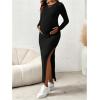 imageOYOANGLE Womens Maternity Dress Long Sleeve Round Neck Split Thigh Rib Knitted Bodycon Long DressesBlack
