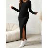 imageOYOANGLE Womens Maternity Dress Long Sleeve Round Neck Split Thigh Rib Knitted Bodycon Long DressesBlack