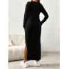 imageOYOANGLE Womens Maternity Dress Long Sleeve Round Neck Split Thigh Rib Knitted Bodycon Long DressesBlack