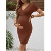 imageOYOANGLE Womens Maternity Dress Ribbed Knit V Neck Short Sleeve Bodycon Dress Elegant Short Nursing DressesRust Brown
