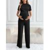 imageOYOANGLE Womens Maternity Lounge Set 2 Piece Ribbed Knit Short Sleeve Top and Pants Pajama Set SleepwearBlack