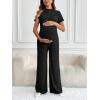 imageOYOANGLE Womens Maternity Lounge Set 2 Piece Ribbed Knit Short Sleeve Top and Pants Pajama Set SleepwearBlack