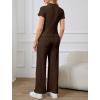 imageOYOANGLE Womens Maternity Lounge Set 2 Piece Ribbed Knit Short Sleeve Top and Pants Pajama Set SleepwearBrown