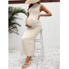 imageOYOANGLE Womens Maternity Mock Neck Sleeveless Ruched Dress Pregnancy Bodycon Maxi Tank DressesApricot