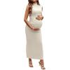 imageOYOANGLE Womens Maternity Mock Neck Sleeveless Ruched Dress Pregnancy Bodycon Maxi Tank DressesApricot