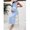 imageOYOANGLE Womens Maternity Mock Neck Sleeveless Ruched Dress Pregnancy Bodycon Maxi Tank DressesBlue