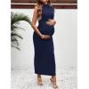imageOYOANGLE Womens Maternity Mock Neck Sleeveless Ruched Dress Pregnancy Bodycon Maxi Tank DressesDeep Blue