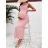 imageOYOANGLE Womens Maternity Mock Neck Sleeveless Ruched Dress Pregnancy Bodycon Maxi Tank DressesPink