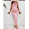 imageOYOANGLE Womens Maternity Mock Neck Sleeveless Ruched Dress Pregnancy Bodycon Maxi Tank DressesPink