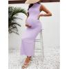 imageOYOANGLE Womens Maternity Mock Neck Sleeveless Ruched Dress Pregnancy Bodycon Maxi Tank DressesPurple