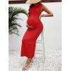imageOYOANGLE Womens Maternity Mock Neck Sleeveless Ruched Dress Pregnancy Bodycon Maxi Tank DressesRed