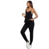 imageOYOANGLE Womens Maternity Ribbed Knit Cami Jumpsuit Button Spaghetti Strap Pregnancy Romper with PocketsBlack