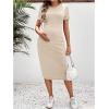 imageOYOANGLE Womens Maternity Ribbed Knit Dress Crew Neck Short Sleeve Pregnancy Midi DressesApricot