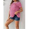 imageOYOANGLE Womens Maternity Shirts Striped Print Short Sleeve Crew Neck Tee Shirt Pregnancy TopsHot Pink