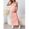 imageOYOANGLE Womens Maternity Striped Fitted Tank Dress Spaghetti Strap Split Hem Knitted Pregnancy Maxi DressesPink