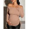 imageOYOANGLE Womens Maternity Textured Long Sleeve Off The Shoulder Tee Shirt Drawstring Side Long Tee TopsApricot