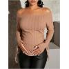 imageOYOANGLE Womens Maternity Textured Long Sleeve Off The Shoulder Tee Shirt Drawstring Side Long Tee TopsApricot