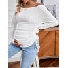 imageOYOANGLE Womens Maternity Textured Long Sleeve Off The Shoulder Tee Shirt Drawstring Side Long Tee TopsWhite
