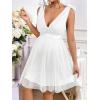 imageOYOANGLE Womens Maternity Tie Shoulder V Neck Belted Dress Sleeveless Backless Mesh Flared Short DressesWhite