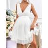 imageOYOANGLE Womens Maternity Tie Shoulder V Neck Belted Dress Sleeveless Backless Mesh Flared Short DressesWhite
