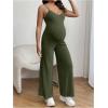 imageOYOANGLE Womens Maternity V Neck Spaghetti Strap Ribbed Knit Long Pants JumpsuitsArmy Green