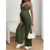 imageOYOANGLE Womens Maternity V Neck Spaghetti Strap Ribbed Knit Long Pants JumpsuitsArmy Green
