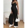 imageOYOANGLE Womens Maternity V Neck Spaghetti Strap Ribbed Knit Long Pants JumpsuitsBlack