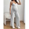 imageOYOANGLE Womens Maternity V Neck Spaghetti Strap Ribbed Knit Long Pants JumpsuitsLight Grey