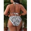 imageOYOANGLE Womens Plus Size 2 Piece Boho Printed Bikini Swimsuit Triangle Halter Bathing Suit High Waisted SwimwearBlack and White