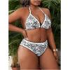 imageOYOANGLE Womens Plus Size 2 Piece Boho Printed Bikini Swimsuit Triangle Halter Bathing Suit High Waisted SwimwearBlack and White
