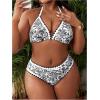 imageOYOANGLE Womens Plus Size 2 Piece Boho Printed Bikini Swimsuit Triangle Halter Bathing Suit High Waisted SwimwearBlack and White