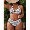 imageOYOANGLE Womens Plus Size 2 Piece Boho Printed Bikini Swimsuit Triangle Halter Bathing Suit High Waisted SwimwearBlack and White