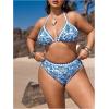 imageOYOANGLE Womens Plus Size 2 Piece Boho Printed Bikini Swimsuit Triangle Halter Bathing Suit High Waisted SwimwearBlue and White