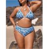 imageOYOANGLE Womens Plus Size 2 Piece Boho Printed Bikini Swimsuit Triangle Halter Bathing Suit High Waisted SwimwearBlue and White