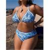 imageOYOANGLE Womens Plus Size 2 Piece Boho Printed Bikini Swimsuit Triangle Halter Bathing Suit High Waisted SwimwearBlue and White
