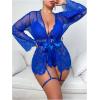 imageOYOANGLE Womens Plus Size 2 Piece Embroidery Lace Robe with Teddy Babydoll Bodysuit Lingerie SetRoyal Blue