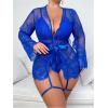 imageOYOANGLE Womens Plus Size 2 Piece Embroidery Lace Robe with Teddy Babydoll Bodysuit Lingerie SetRoyal Blue
