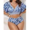 imageOYOANGLE Womens Plus Size 2 Piece Floral Print Bikini Set V Neck Ruffle Short Sleeve High Waisted SwimsuitsBlue and White