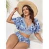 imageOYOANGLE Womens Plus Size 2 Piece Floral Print Bikini Set V Neck Ruffle Short Sleeve High Waisted SwimsuitsBlue and White