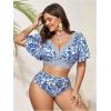 imageOYOANGLE Womens Plus Size 2 Piece Floral Print Bikini Set V Neck Ruffle Short Sleeve High Waisted SwimsuitsBlue and White