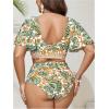 imageOYOANGLE Womens Plus Size 2 Piece Floral Print Bikini Set V Neck Ruffle Short Sleeve High Waisted SwimsuitsGreen