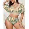 imageOYOANGLE Womens Plus Size 2 Piece Floral Print Bikini Set V Neck Ruffle Short Sleeve High Waisted SwimsuitsGreen