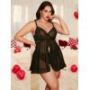 imageOYOANGLE Womens Plus Size 2 Piece Lace Sheer Open Front Underwire Chemise Nightdress with Panty Lingerie SetBlack